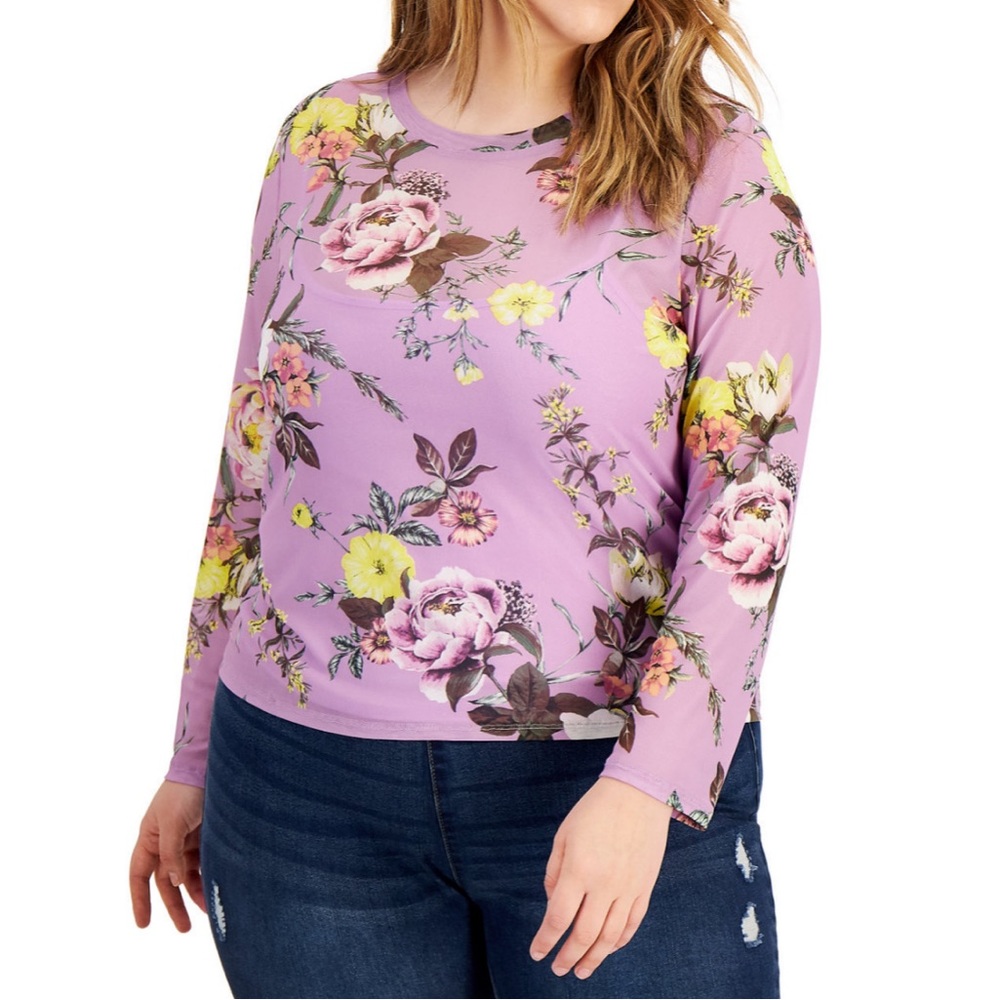 Love, Fire Purple Floral Mesh Overlay Long Sleeve Top Plus Size 3X